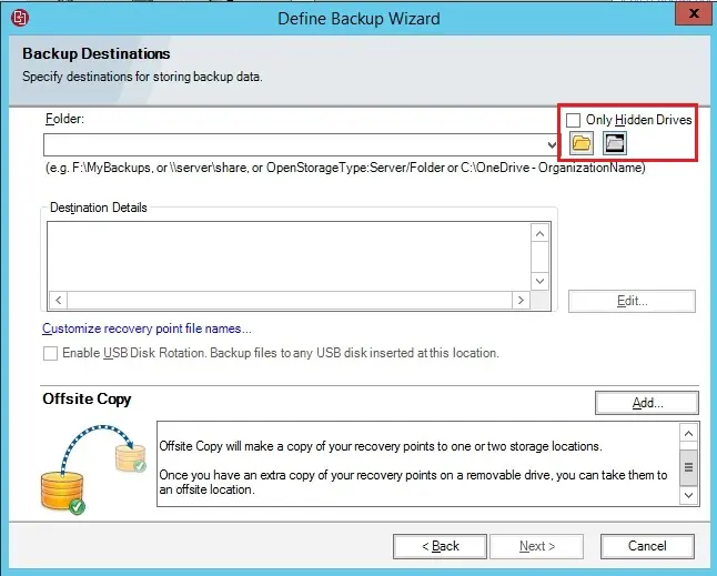 define backup wizard destination