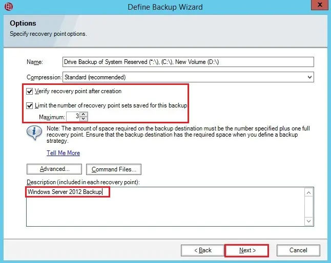 define backup wizard options