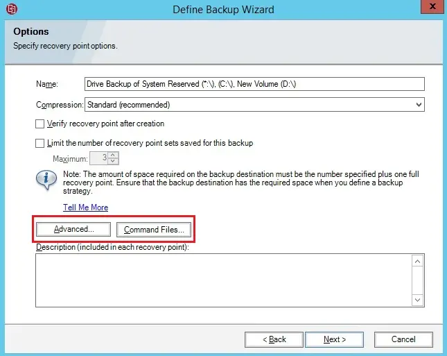 define backup wizard options