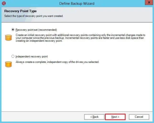 define backup wizard recovery point