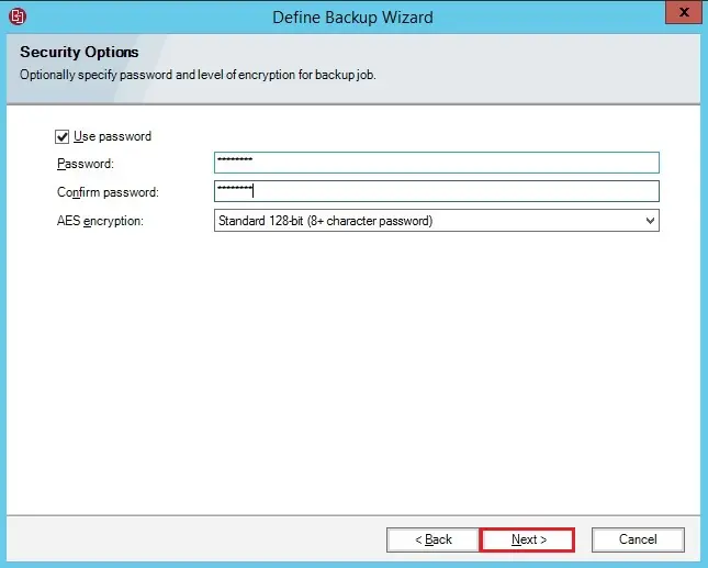 define backup wizard security options