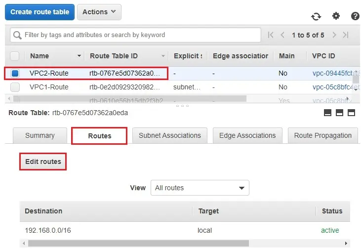 edit routes aws