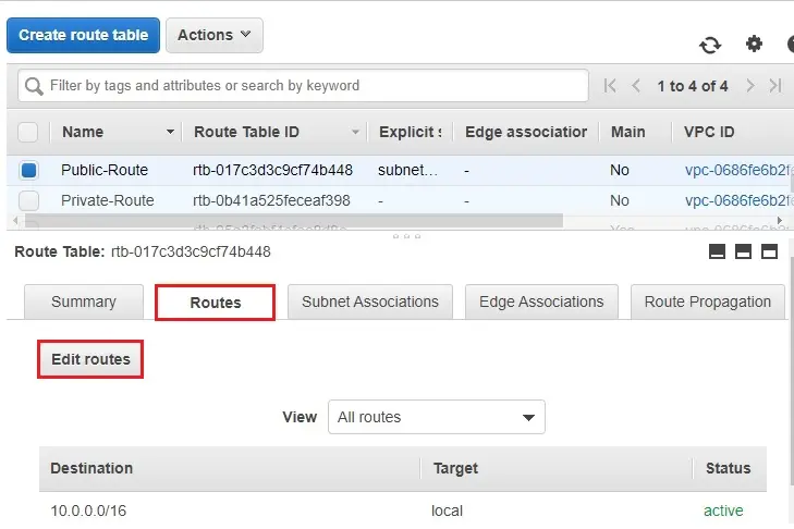 edit routes aws