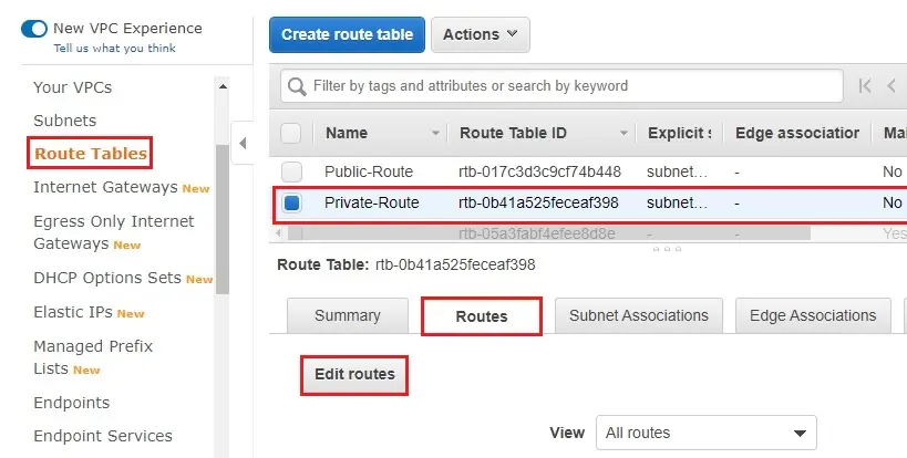 edit routes aws