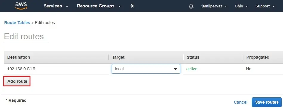 edit routes table aws