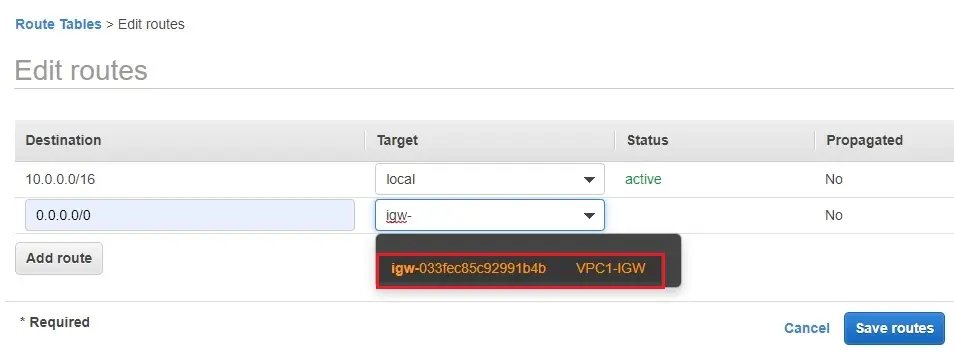 edit routes target aws