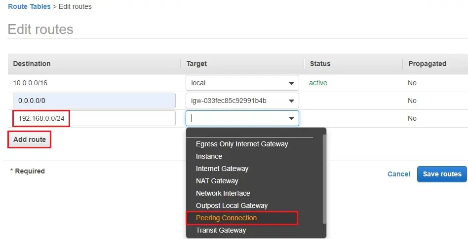 edit routes target aws