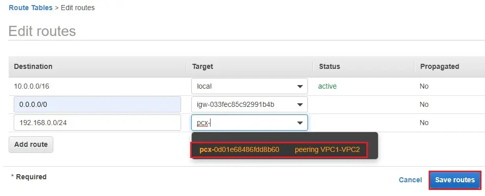 edit routes target aws