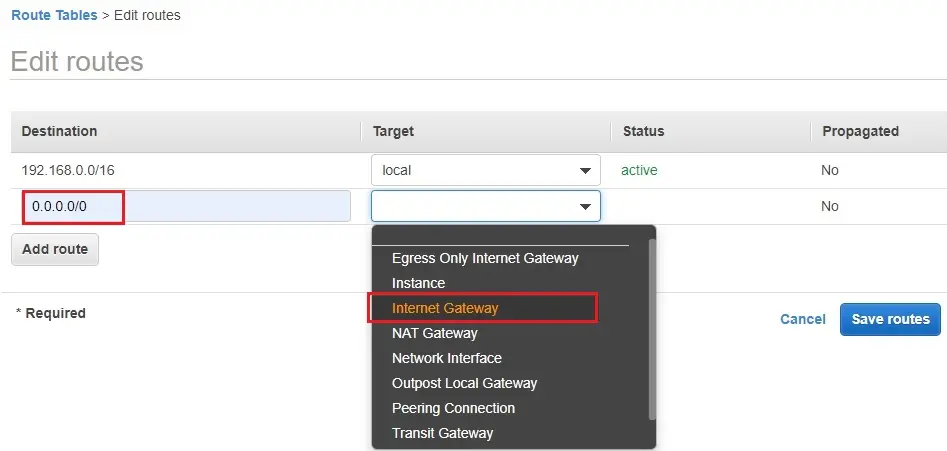 edit routes target aws