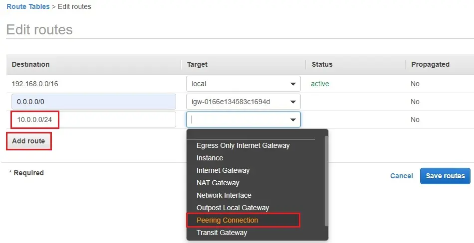 edit routes target aws