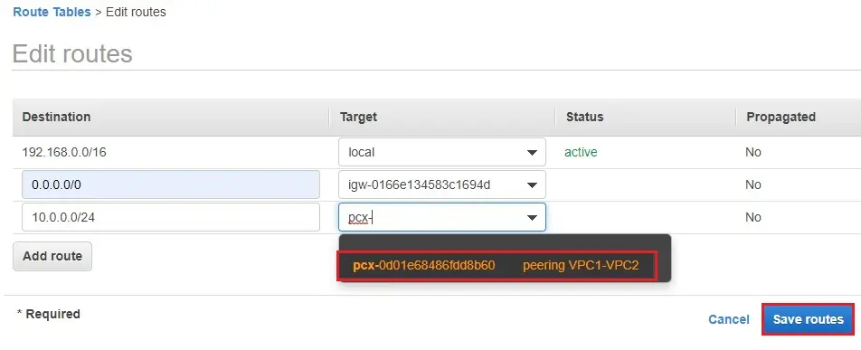 edit routes target aws