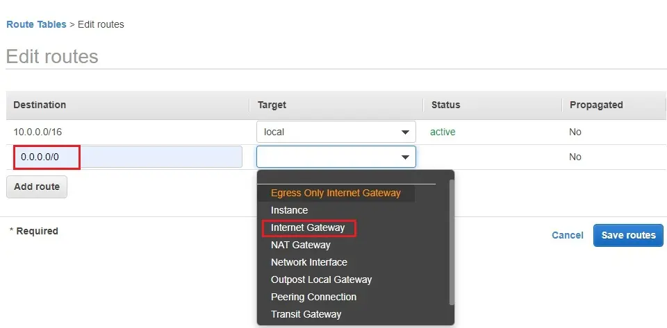 edit routes target aws