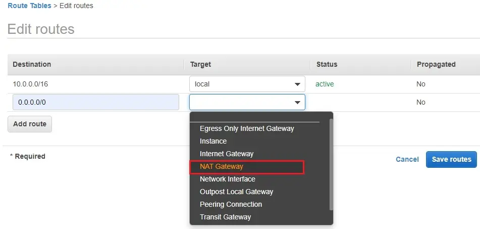 edit routes target aws