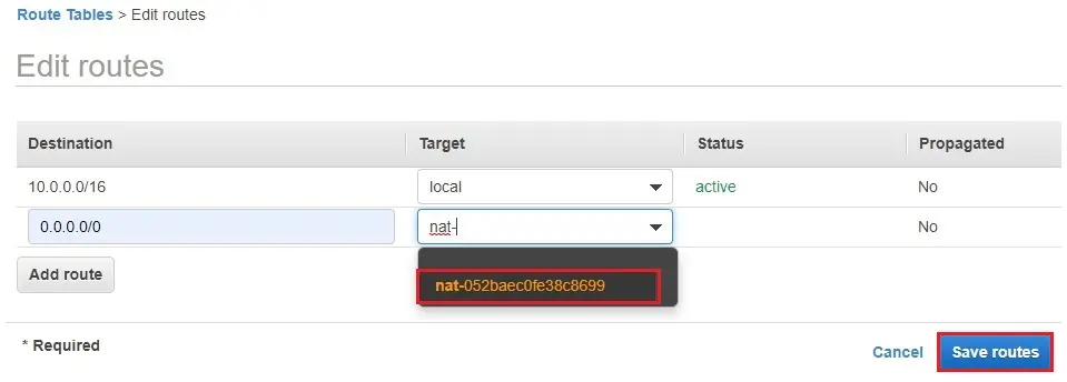 edit routes target aws save