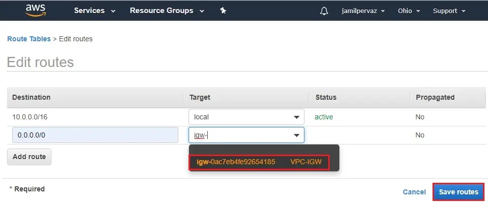 edit routes target aws save