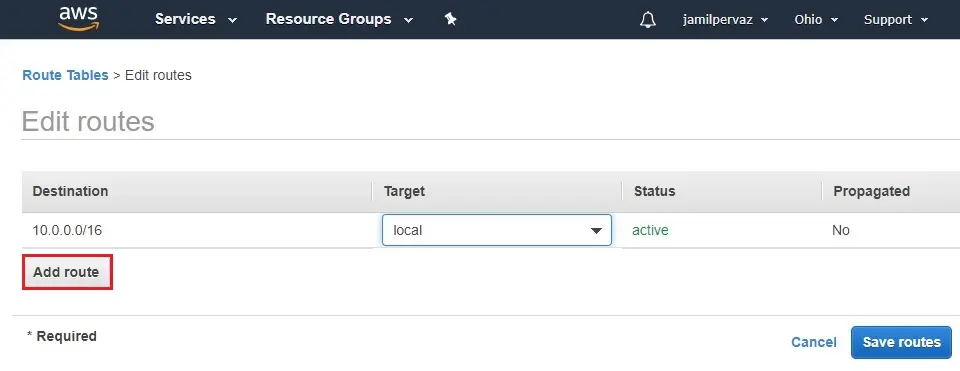 edit routes target aws