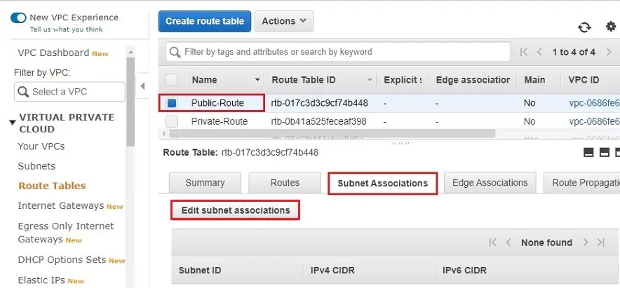 edit subnet associations