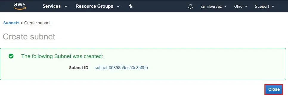 following subnets successfully created