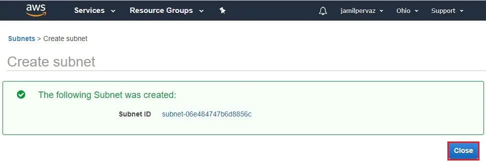 following subnets successfully created