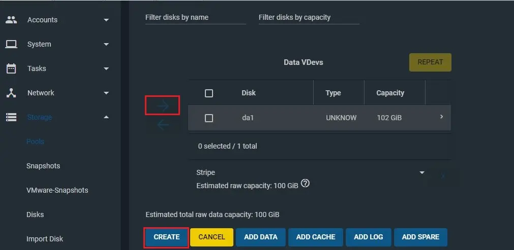 freenas storage pool create