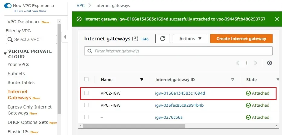 internet gateway status attached