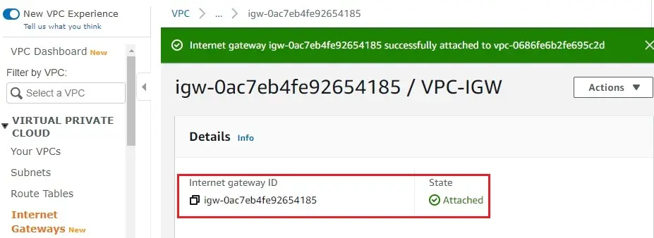 internet gateway status attached