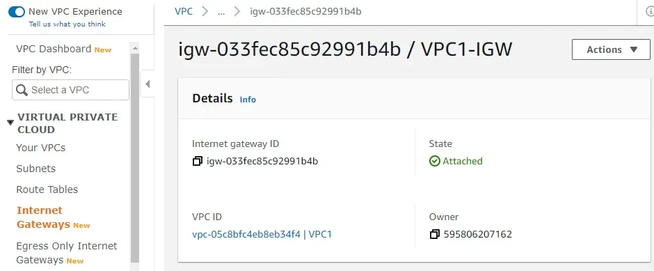 internet gateway status attached