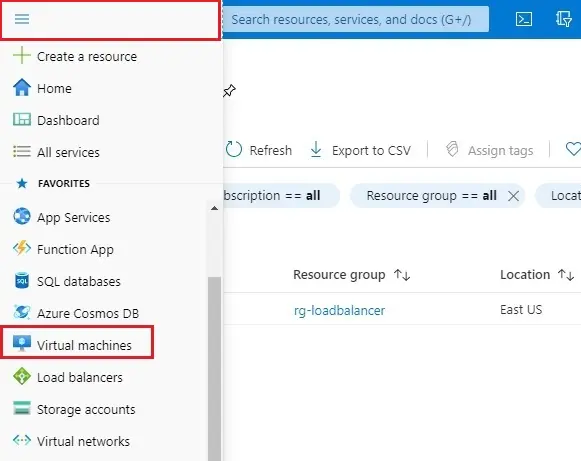 microsoft azure menu