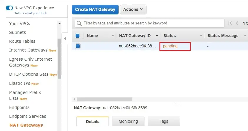 nat gateway status pending