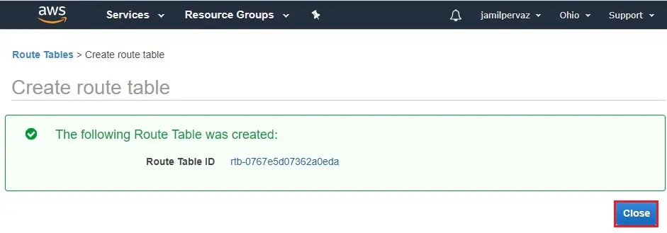 route table was created