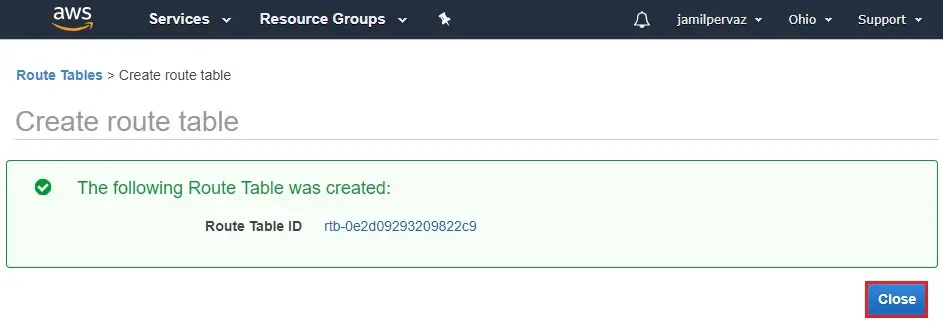 route table was created