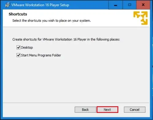 select shortcuts vmware player