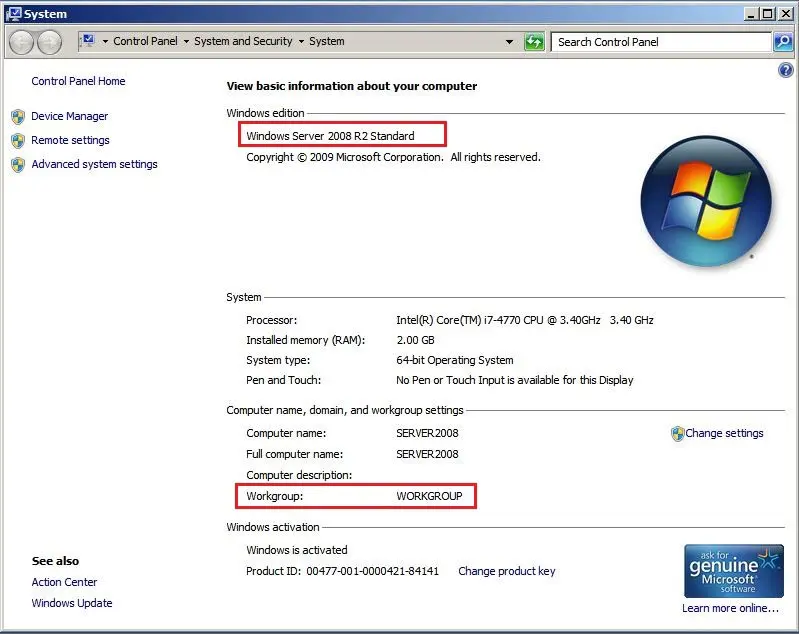 server 2008 system properties