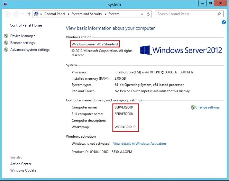 server 2012 system properties