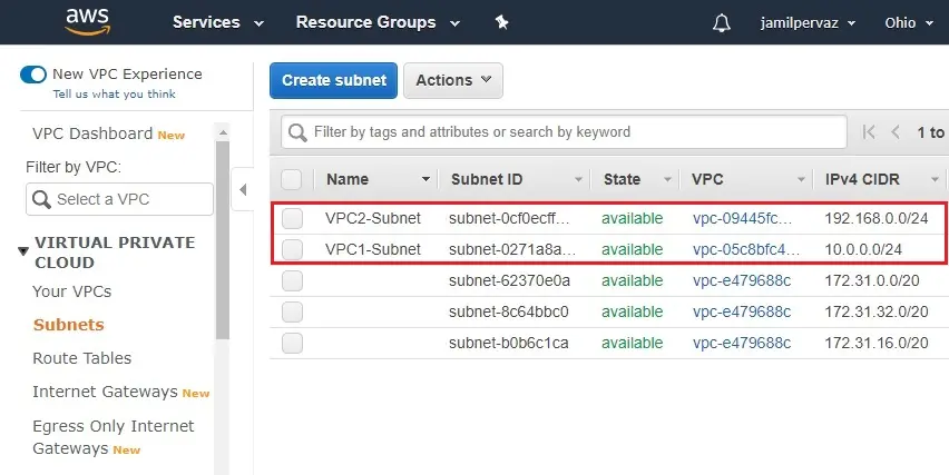 subnet amazon management console