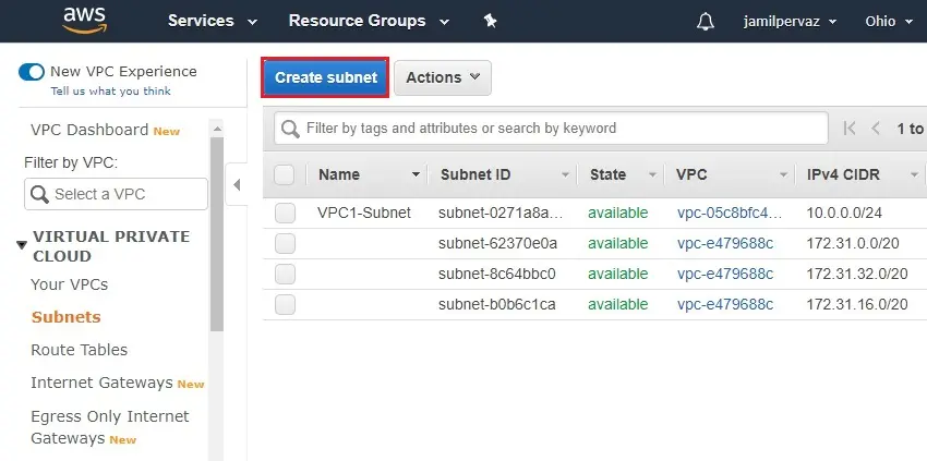 subnet amazon management console