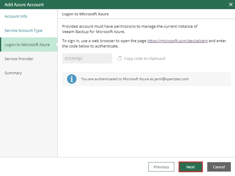 veeam add azure account login