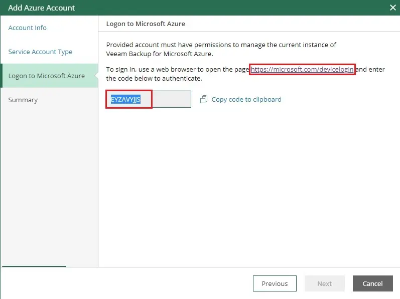 veeam add azure account login