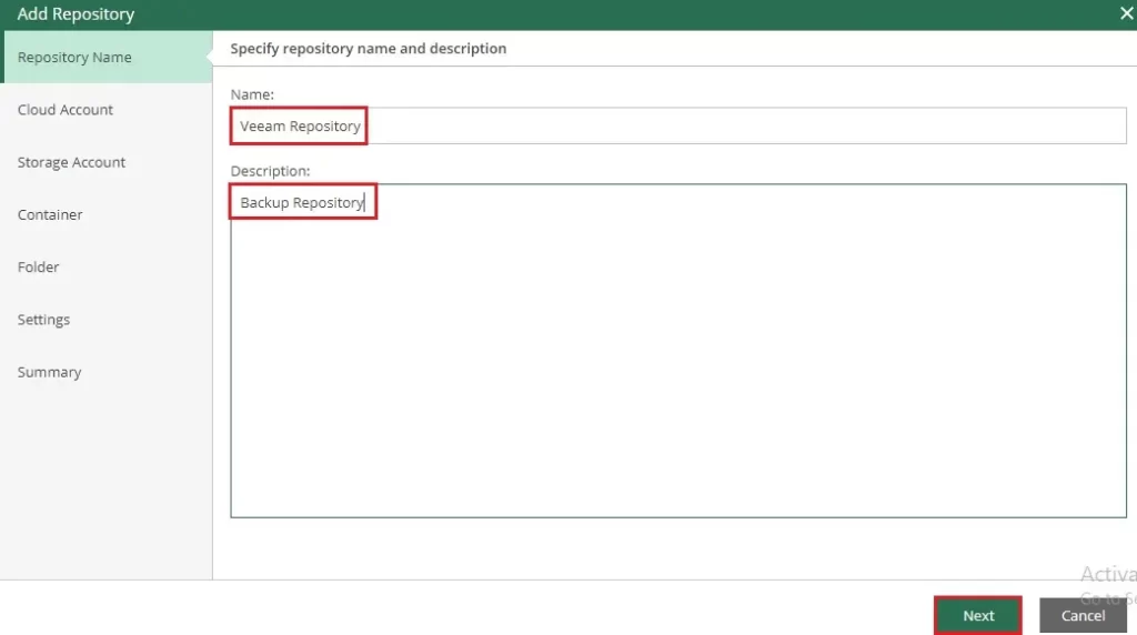 veeam add azure account repository-