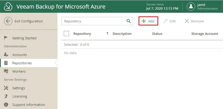 veeam add azure account repository add