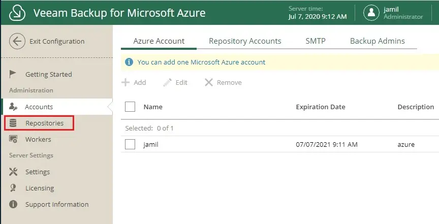 veeam add azure account repository