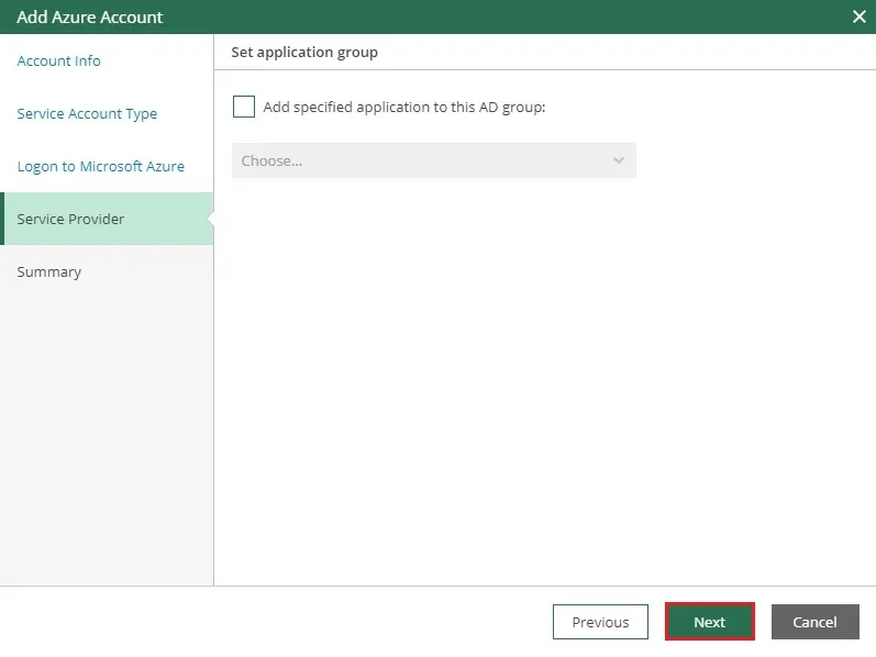 veeam add azure account service provider