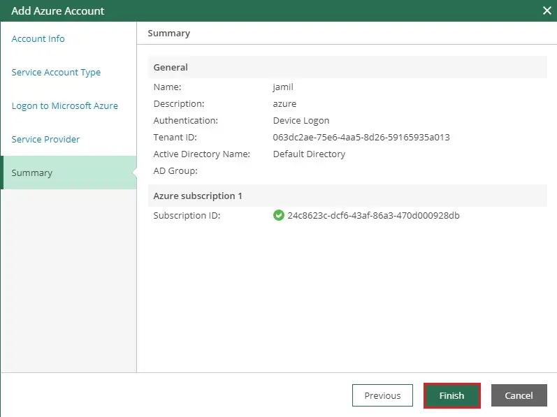 veeam add azure account summary