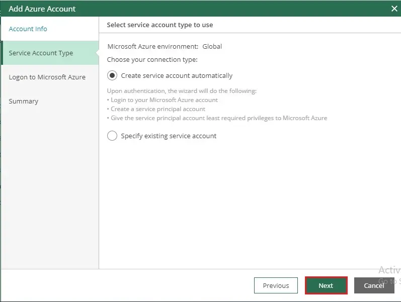 veeam add azure account type