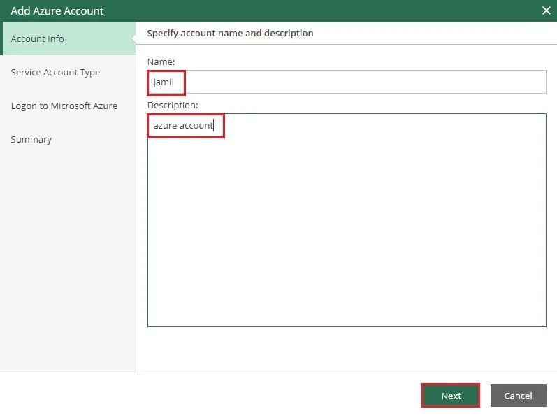 veeam add azure account