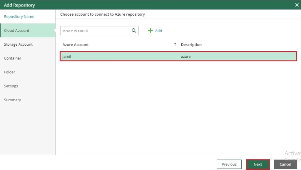 veeam add azure add repository