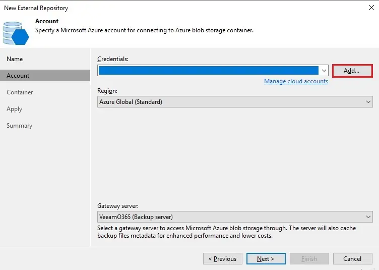 veeam add external repository account