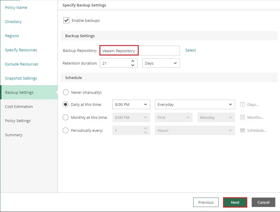 veeam azure add policy backup