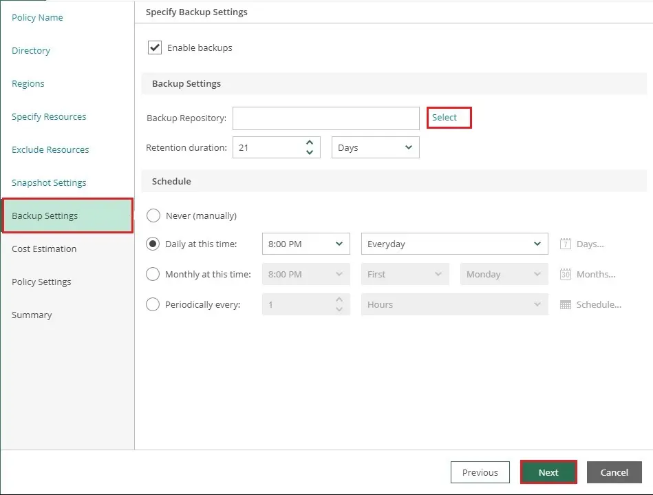 veeam azure add policy backup