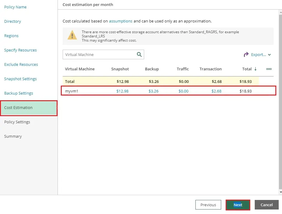 veeam azure add policy cost